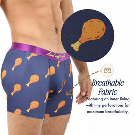 A man wears Chicken Underwear—navy boxers with a chicken drumstick print, purple waistband, and breathable perforated lining; inset highlights fabric details. Perfect as a funny gift.