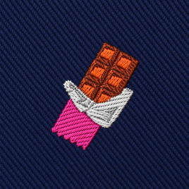 Add a playful touch to your Chocolate Skinny Tie with this embroidered patch of an unwrapped chocolate bar featuring a pink and white wrapper on dark blue fabric.