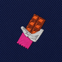 Add a playful touch to your Chocolate Skinny Tie with this embroidered patch of an unwrapped chocolate bar featuring a pink and white wrapper on dark blue fabric.
