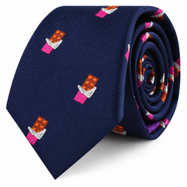 Add a playful yet sophisticated touch to your wardrobe with the Chocolate Skinny Tie, a navy blue accessory featuring a slim design and a repeating pattern of embroidered chocolate bars partially wrapped in pink and silver foil.