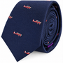 Classic Aircraft Skinny Tie in navy blue, adorned with a pattern of small red and white airplane illustrations, rolled up with the pointed end facing forward. This stylish aircraft print tie is a thoughtful gift for pilots or aviation enthusiasts.