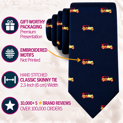 The Classic Car Skinny Tie in navy blue features an embroidered design of small red and yellow classic cars, complemented by premium gift packaging, hand-stitched details, and outstanding customer reviews. Ideal for automobile enthusiasts looking for a unique vintage tie to make a statement at any event.