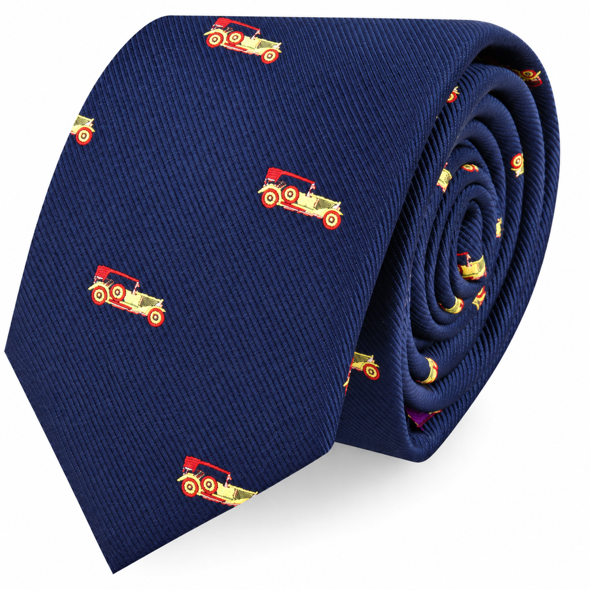 The Classic Car Skinny Tie in navy blue showcases a playful pattern of small red and yellow vintage cars, adding a touch of retro charm to any outfit.