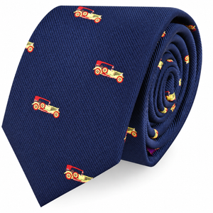 The Classic Car Skinny Tie in navy blue showcases a playful pattern of small red and yellow vintage cars, adding a touch of retro charm to any outfit.