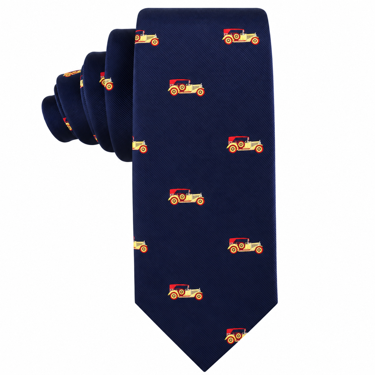 The Classic Car Skinny Tie is a navy blue necktie adorned with a repeating pattern of small red and yellow vintage cars, perfect for anyone seeking a retro-inspired classic car tie.