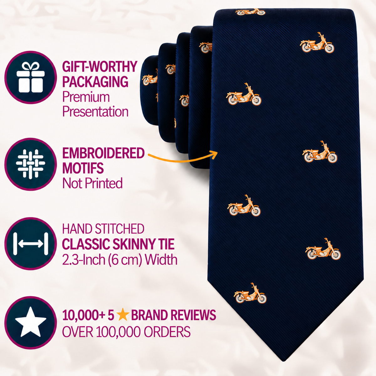 The Classic Motorbike Skinny Tie in navy blue features small embroidered orange motorcycle motifs—ideal as a biker gift or vintage motorbike necktie. It boasts premium gift packaging, detailed embroidery, a versatile 2.3-inch width, and has received over 10,000 five-star reviews.