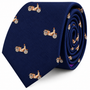 The Classic Motorbike Skinny Tie is a navy blue skinny tie featuring a pattern of small embroidered motorcycles, rolled up on a white background—making it the perfect unique gift for bikers or anyone who loves a vintage motorbike necktie style.