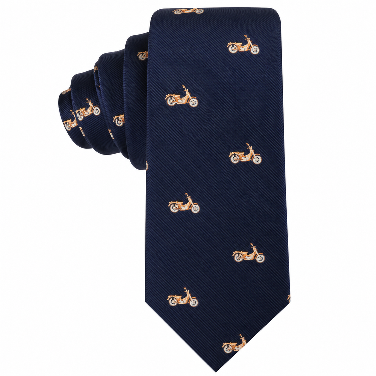 Classic Motorbike Skinny Tie in navy blue, adorned with a repeating pattern of small orange and beige motorcycles—a vintage-inspired necktie that’s the perfect biker gift for motorcycle enthusiasts.