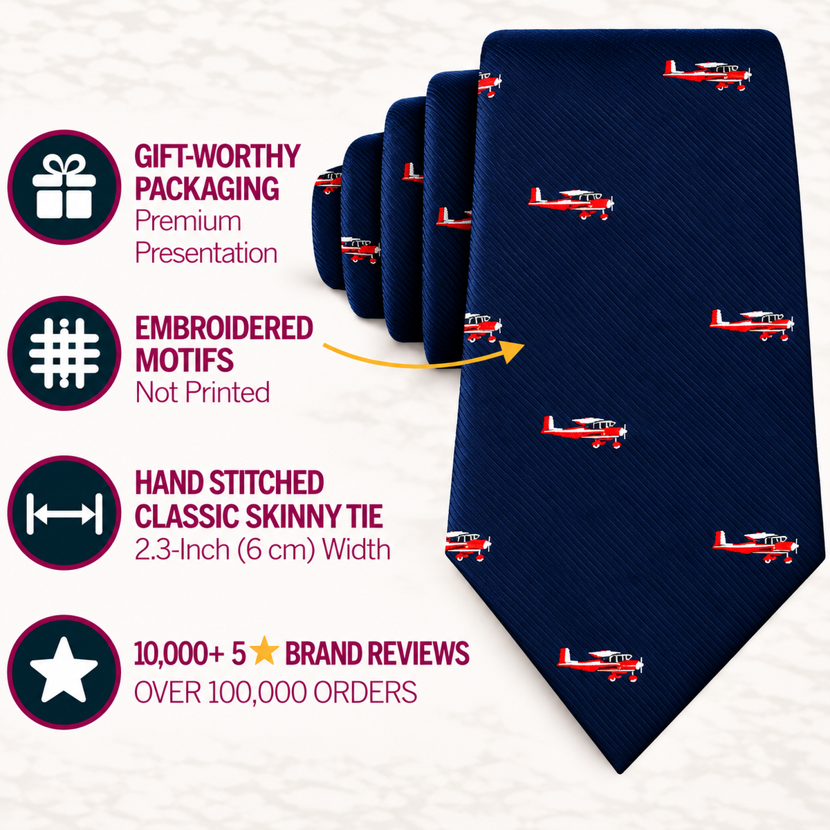 The Classic Aircraft Skinny Tie in navy blue, featuring small red and white airplane motifs, is showcased alongside icons and text emphasizing its premium packaging, detailed embroidery, hand stitching, and excellent brand reviews. This airplane-themed skinny tie is an ideal pilot gift for aviation enthusiasts.