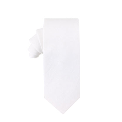 The Classic White Cotton Skinny Tie from the Pocket Square Set is elegantly rolled against a plain white background, ideal for formal events.