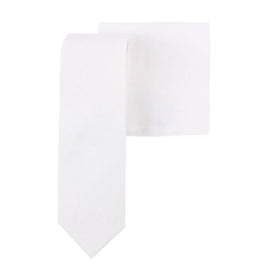 The Classic White Cotton Skinny Tie & Pocket Square Set includes a sleek white skinny tie with a pointed end, ideal for formal events and perfect when paired to complete your sophisticated look.