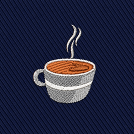 Embroidered with a steaming coffee cup design on navy blue, diagonally striped fabric, the Coffee Skinny Tie is the perfect accessory for café lovers or a unique coffee-themed gift.