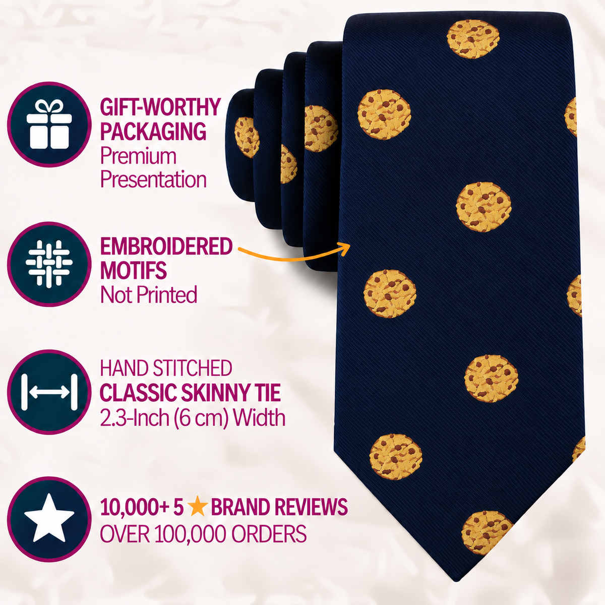 Cookies Skinny Tie in navy blue featuring embroidered chocolate chip cookie motifs—a delightful bakery-inspired accessory for dessert enthusiasts. Showcased with icons indicating premium packaging, detailed embroidery, classic skinny design, and over 10,000 five-star reviews.
