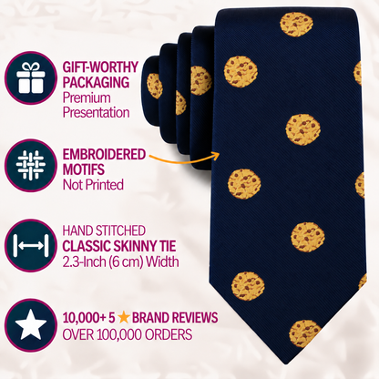 Cookies Skinny Tie in navy blue featuring embroidered chocolate chip cookie motifs—a delightful bakery-inspired accessory for dessert enthusiasts. Showcased with icons indicating premium packaging, detailed embroidery, classic skinny design, and over 10,000 five-star reviews.