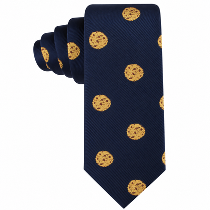 The Cookies Skinny Tie showcases a rich navy blue color adorned with an evenly distributed pattern of chocolate chip cookies, making it the perfect bakery-themed accessory to add a playful and charming touch to any outfit.