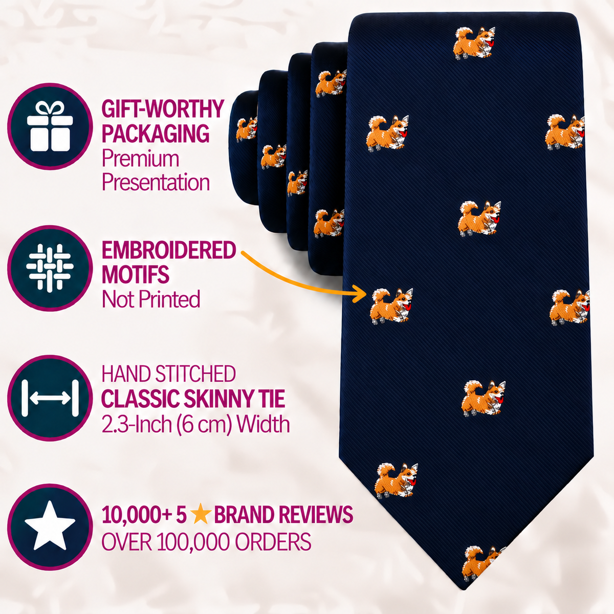 Corgi Dog Skinny Tie in navy blue, featuring embroidered corgi motifs and presented in a premium box; with a 2.3-inch width and over 10,000 five-star reviews, this charming novelty tie is an ideal gift for dog lovers.