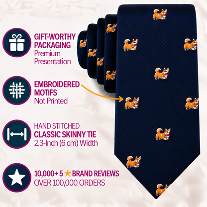 Corgi Dog Skinny Tie in navy blue, featuring embroidered corgi motifs and presented in a premium box; with a 2.3-inch width and over 10,000 five-star reviews, this charming novelty tie is an ideal gift for dog lovers.