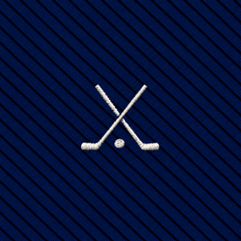 Two crossed ice hockey sticks and a puck embroidered in white on a dark blue diagonally striped fabric background, offering the same refined appeal as a novelty golf tie, but with a classic ice hockey twist.