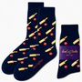 Cricket Bat & Ball Socks in navy blue with yellow bat and red ball design, displayed flat and folded with an AusCufflinks Australia label—ideal cricket gifts for fans.