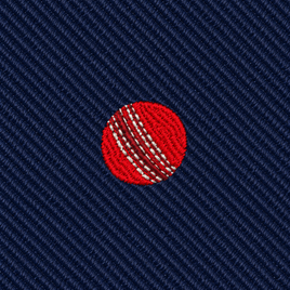 Cricket Skinny Tie featuring a red cricket ball with white stitching embroidered on a dark blue striped fabric background—perfect for a unique cricket-themed tie or a thoughtful gift for any cricket lover.