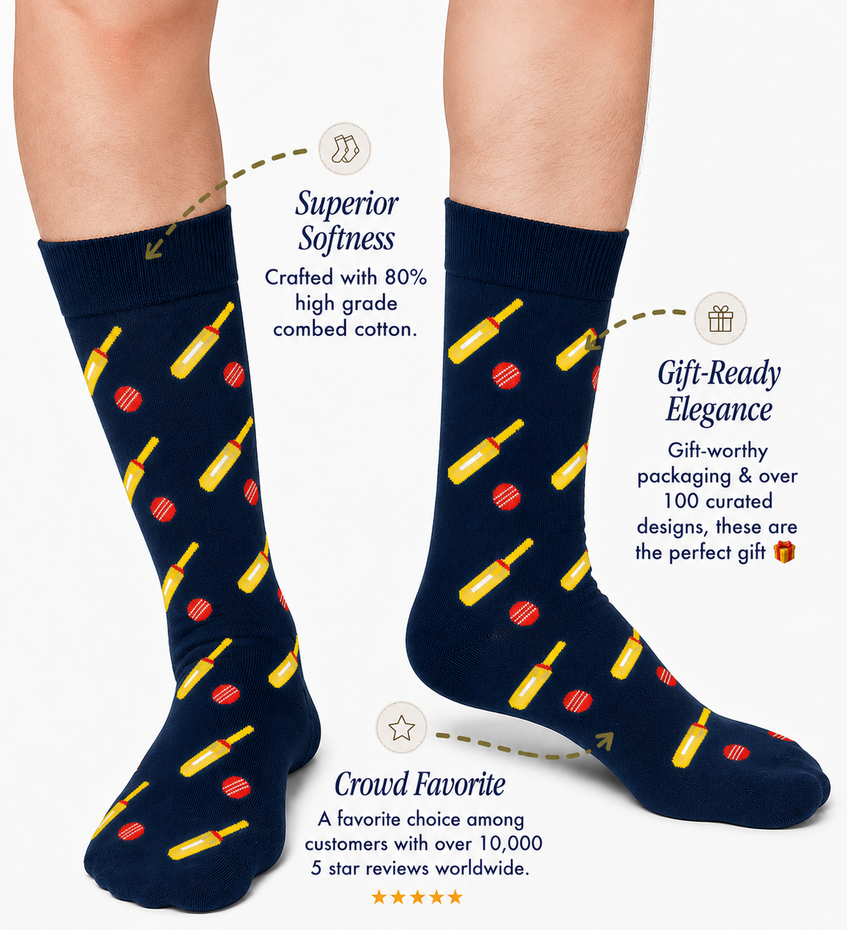 Wearing Cricket Bat & Ball Socks with cricket motifs, one enjoys their softness, stylish gift box, and top-rated reviews—making them the perfect unique gift for any cricket lover.