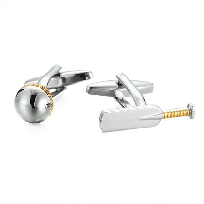 The Cricket Cufflinks, shaped like a cricket bat and ball, are an ideal accessory for any gentleman with style, displayed against a white background.