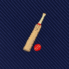 Cricket Bat and Ball Skinny Tie featuring an embroidered cricket bat and red ball on a dark blue textured fabric—perfect as a stylish accessory for any cricket enthusiast.