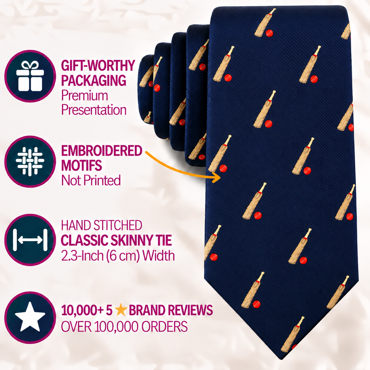 Cricket Bat and Ball Skinny Tie for men in navy, featuring embroidered cricket bats and balls, shown with infographic text highlighting premium gift packaging, detailed embroidered motifs, hand stitching, and glowing brand reviews—a perfect cricket accessory for fans or players.