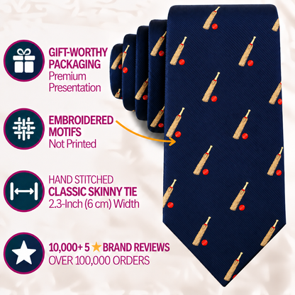 Cricket Bat and Ball Skinny Tie for men in navy, featuring embroidered cricket bats and balls, shown with infographic text highlighting premium gift packaging, detailed embroidered motifs, hand stitching, and glowing brand reviews—a perfect cricket accessory for fans or players.