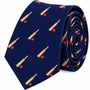 A tightly rolled Cricket Bat and Ball Skinny Tie in navy blue, featuring a pattern of small cricket bats and red cricket balls.