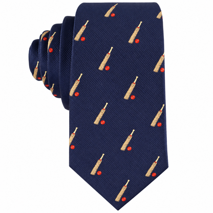 The Cricket Bat and Ball Skinny Tie showcases a repeating pattern of cricket bats and red balls on a navy blue background—an ideal accessory for any cricket enthusiast.