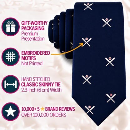 The Crossed Baseball Skinny Tie is a navy blue tie featuring white and red embroidered crossed bats and ball motifs. This novelty baseball tie comes hand-stitched in a classic skinny width, includes gift packaging, and displays customer reviews.