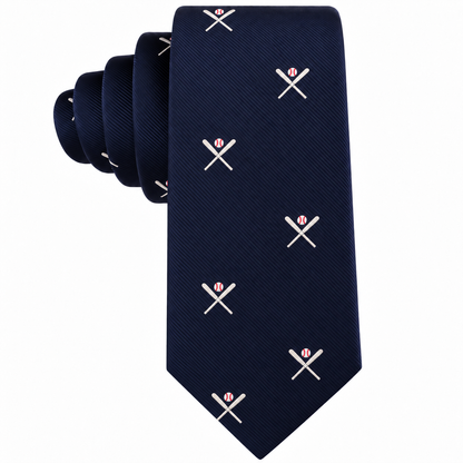 Elevate your style and show off your passion for baseball with the Crossed Baseball Skinny Tie—a navy blue tie for men featuring a playful repeating pattern of crossed baseball bats and a baseball, perfect for adding charm and sports flair to any outfit.