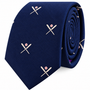 The Crossed Baseball Skinny Tie is a navy blue novelty accessory featuring a repeating pattern of crossed baseball bats and small red-and-white baseballs—perfect for men looking to add a sporty touch to their formal attire.
