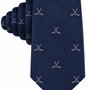 The Crossed Ice Hockey Skinny Tie is a navy blue accessory adorned with a repeating pattern of small, white crossed hockey sticks—perfect for both fans and players.