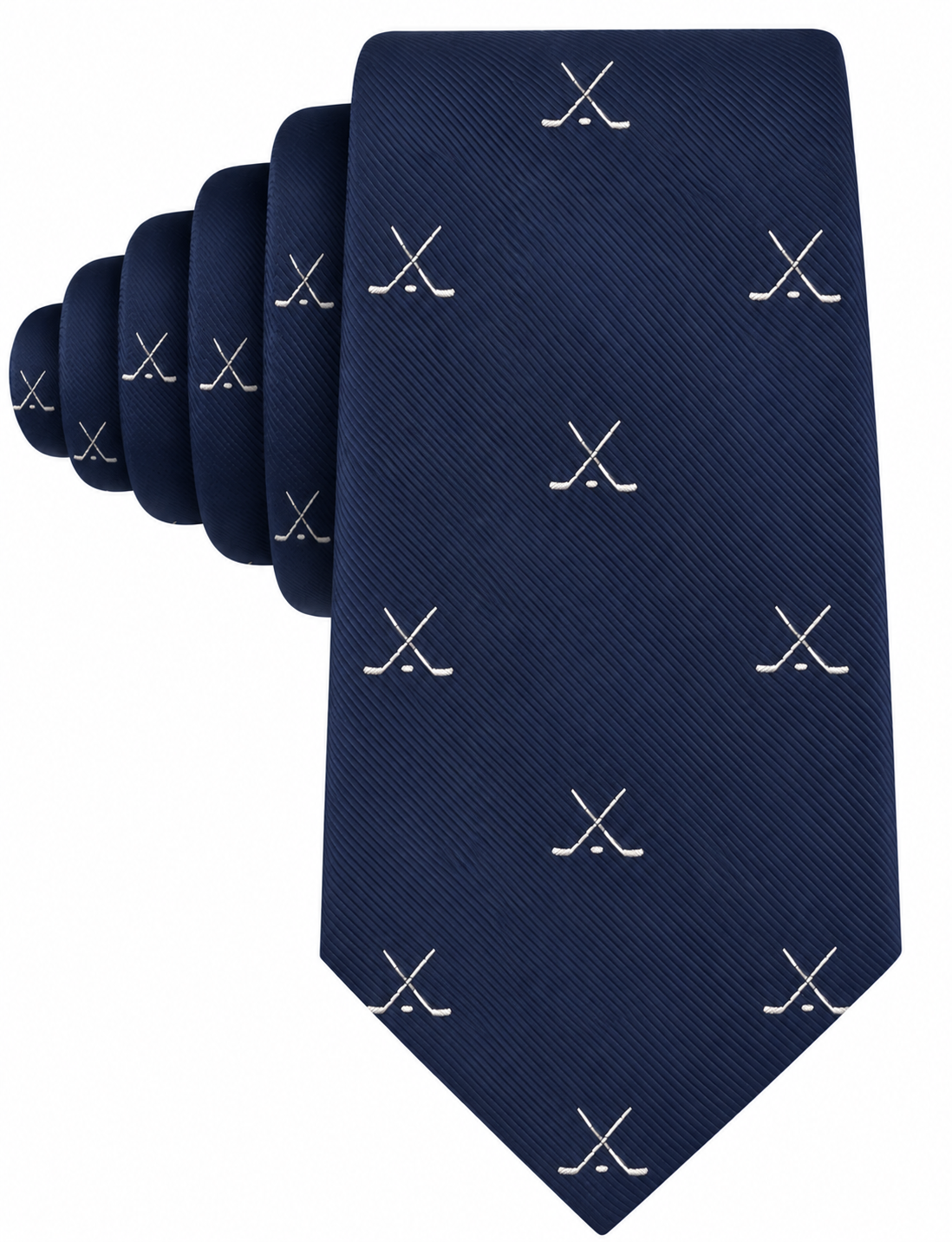 The Crossed Ice Hockey Skinny Tie is a navy blue accessory adorned with a repeating pattern of small, white crossed hockey sticks—perfect for both fans and players.