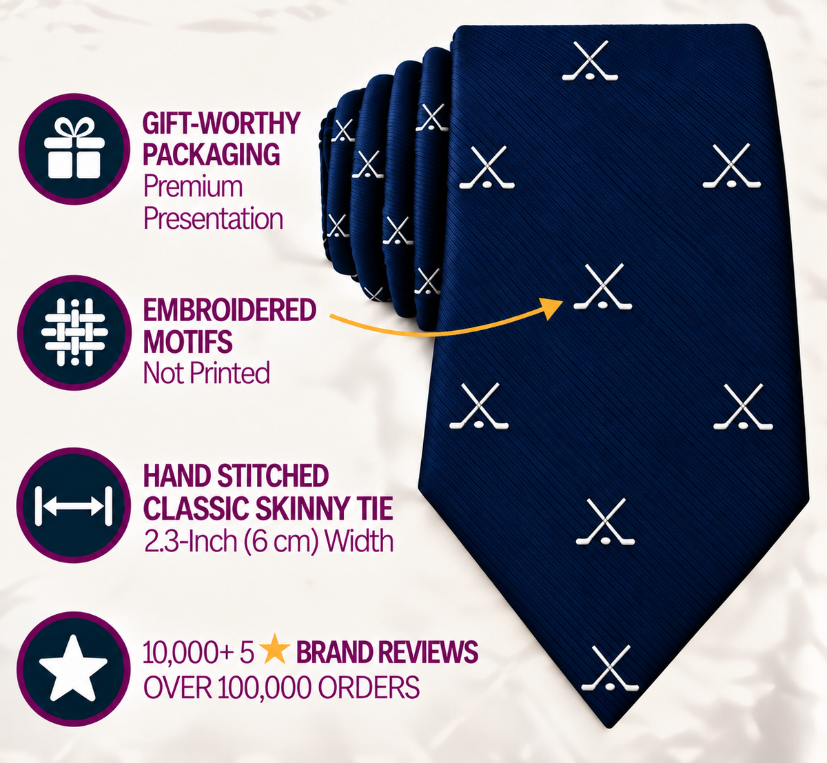 The Crossed Ice Hockey Skinny Tie is a navy blue tie adorned with white crossed stick motifs, highlighted by its embroidered design, elegant gift packaging, and excellent customer ratings.