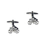 The Cyclist Cufflinks are expertly crafted from polished metal and feature cyclists on bicycles against a white background, capturing the spirit of pedal power.