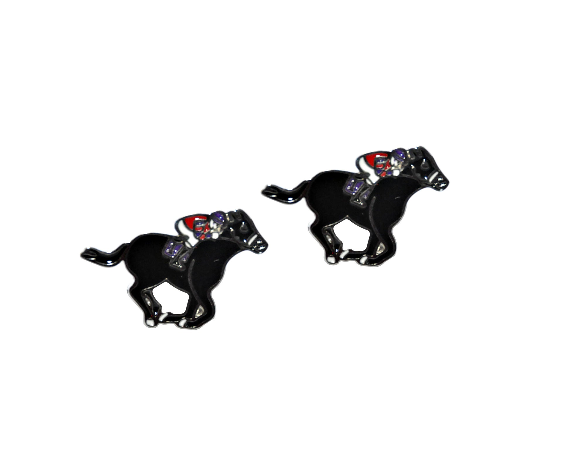 Two identical "Jockey Cufflinks" featuring black horses with red and blue details capture the sartorial elegance of equine greatness.