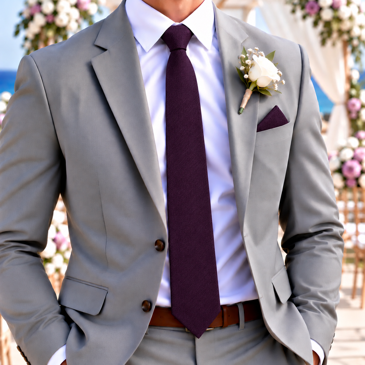 Dark Purple Cotton Skinny Tie & Pocket Square Set