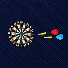 The Darts Skinny Tie features an embroidered dartboard with two darts—one red and one blue—set against a dark blue diagonal striped fabric, making it the perfect gift for darts lovers.