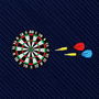 The Darts Skinny Tie features an embroidered dartboard with two darts—one red and one blue—set against a dark blue diagonal striped fabric, making it the perfect gift for darts lovers.
