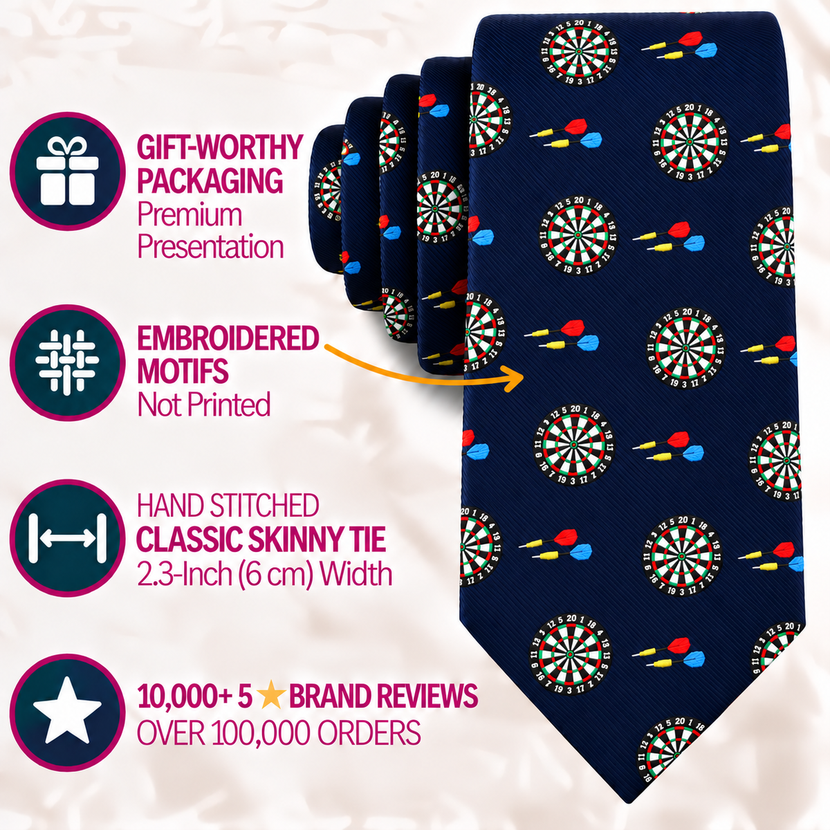 Discover the Darts Skinny Tie in navy blue, showcasing a repeating dartboard and dart motif. Hand-stitched for exceptional quality, this highly reviewed tie arrives gift-ready—perfect for darts enthusiasts. Standout features are highlighted to the left.