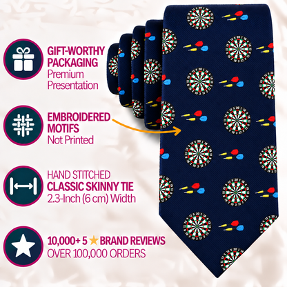 Discover the Darts Skinny Tie in navy blue, showcasing a repeating dartboard and dart motif. Hand-stitched for exceptional quality, this highly reviewed tie arrives gift-ready—perfect for darts enthusiasts. Standout features are highlighted to the left.