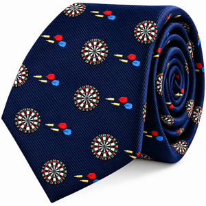 Introducing the Darts Skinny Tie—a navy blue necktie featuring a repeating pattern of dartboards and colorful red, blue, and yellow darts. This stylish accessory adds playful flair to any outfit and makes an ideal gift for darts enthusiasts.