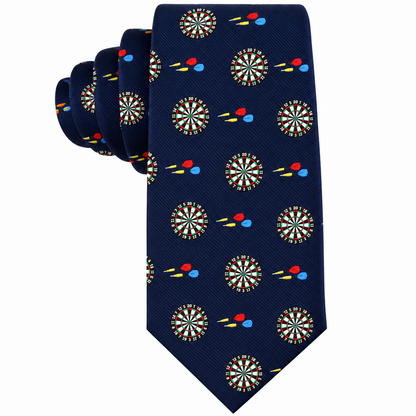 The Darts Skinny Tie in navy blue features a repeating pattern of dartboards and colorful darts, making it the perfect gift for darts lovers or a stylish skinny tie for any enthusiast.