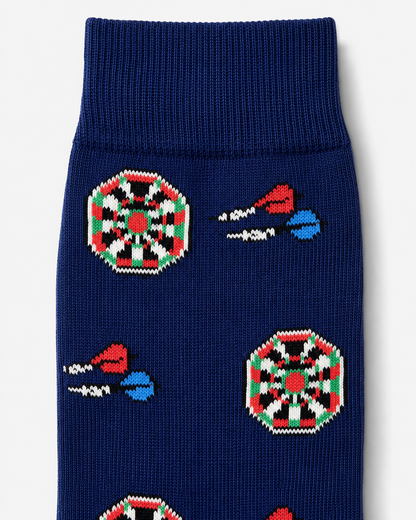 Darts Socks featuring playful dartboard and darts patterns in red, green, black, and white—perfect as unique novelty socks or a fun gift for darts enthusiasts.