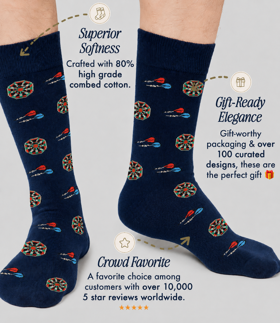 Close-up of feet in navy blue Darts Socks, featuring dartboard and dart designs. Highlighting soft fabric, elegant gift packaging, and high customer popularity.