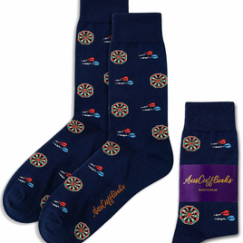 Darts Socks in navy blue with dartboard and dart designs, featuring the "AussieCufflinks Australia" label—fun novelty gift socks ideal for darts fans.