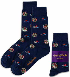 Darts Socks in navy blue with dartboard and dart designs, featuring the "AussieCufflinks Australia" label—fun novelty gift socks ideal for darts fans.